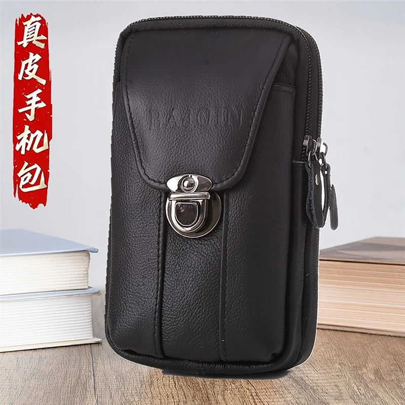 真皮手机腰包男士穿皮带牛皮腰包手机横款中老年手机套手机袋工地