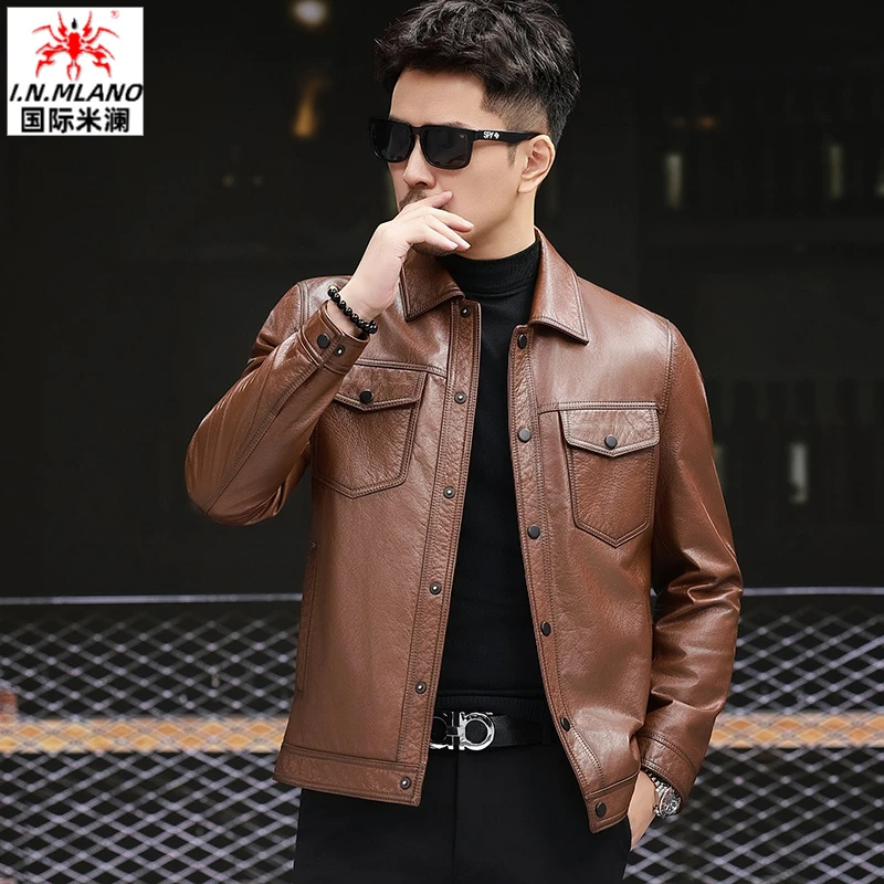 【牛皮】男士翻领机车休闲春秋新款高档真皮皮夹克男海宁皮衣外套男