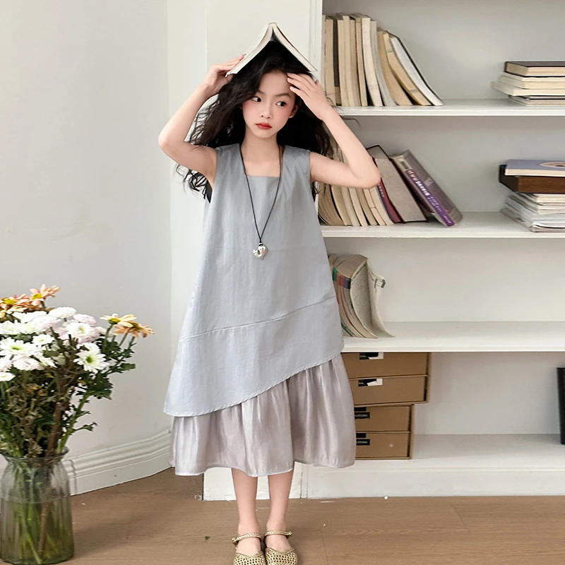 【丫丫童装】2025夏季新款女大童灰色连衣裙休闲百搭-L054