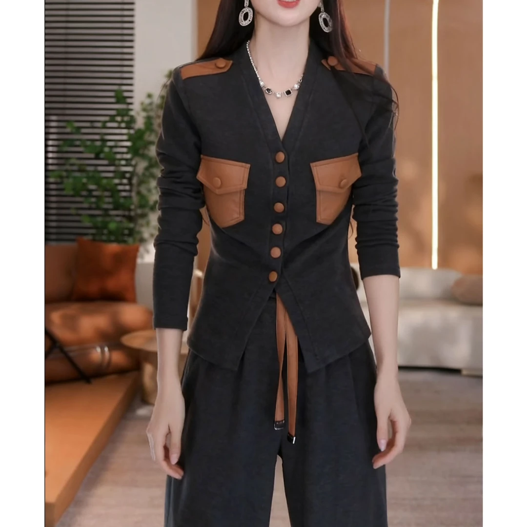 韩系拼接设计款休闲套装潮2025秋冬气质V领上衣垂感长裤两件套女