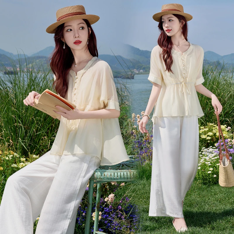 棉麻套装女夏季2025新款时尚文艺气质减龄天丝衬衫阔腿裤两件套女