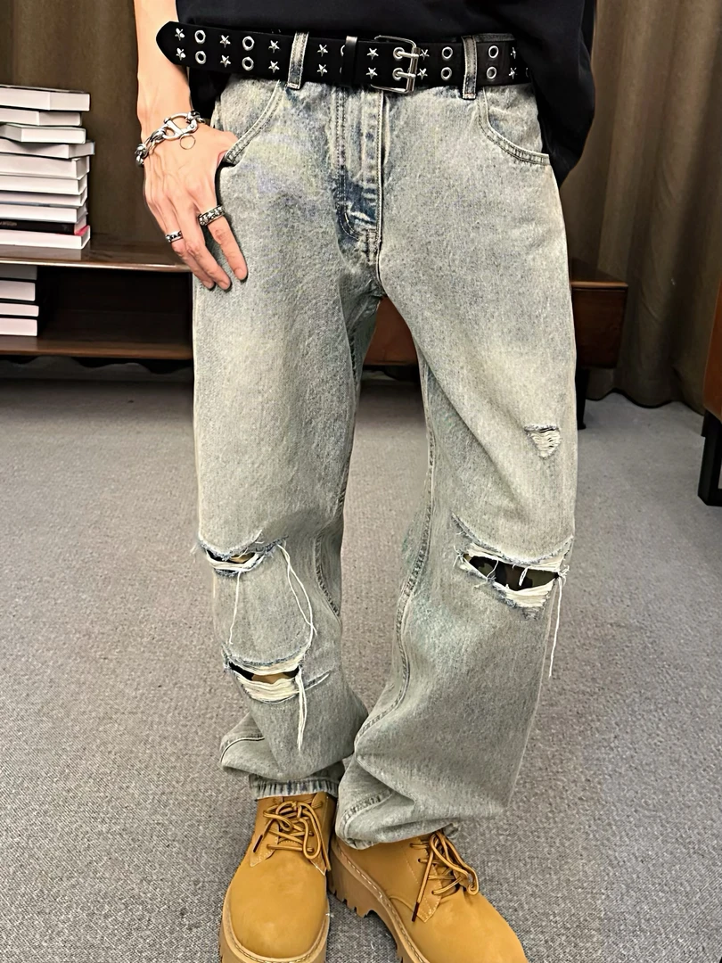 【104-拼接腰设计】男女同款补丁牛仔裤重磅复古弯刀镰刀牛仔裤