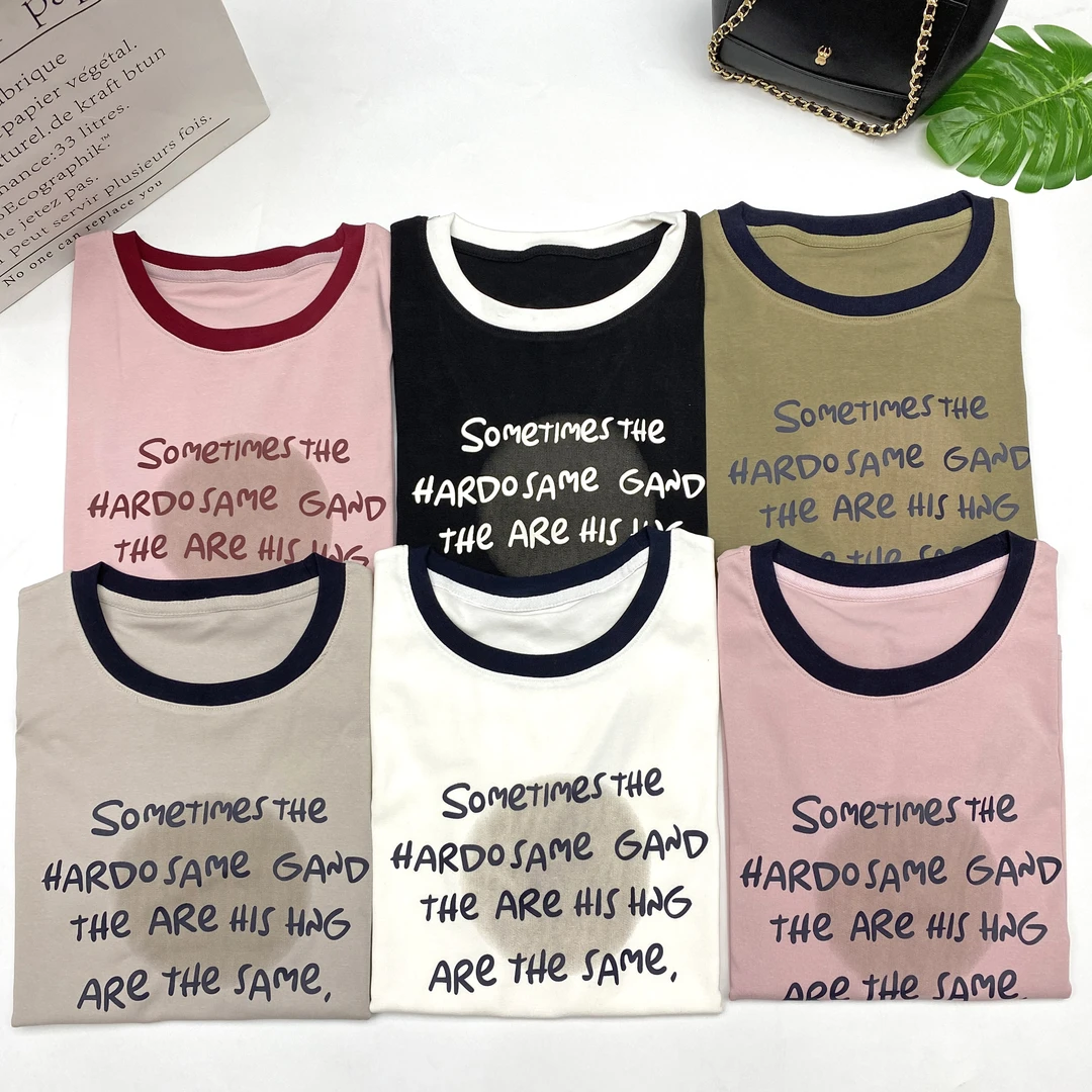 【大婷】拼色短袖T恤女款薄款夏季印花字母宽松正肩圆领上衣2556