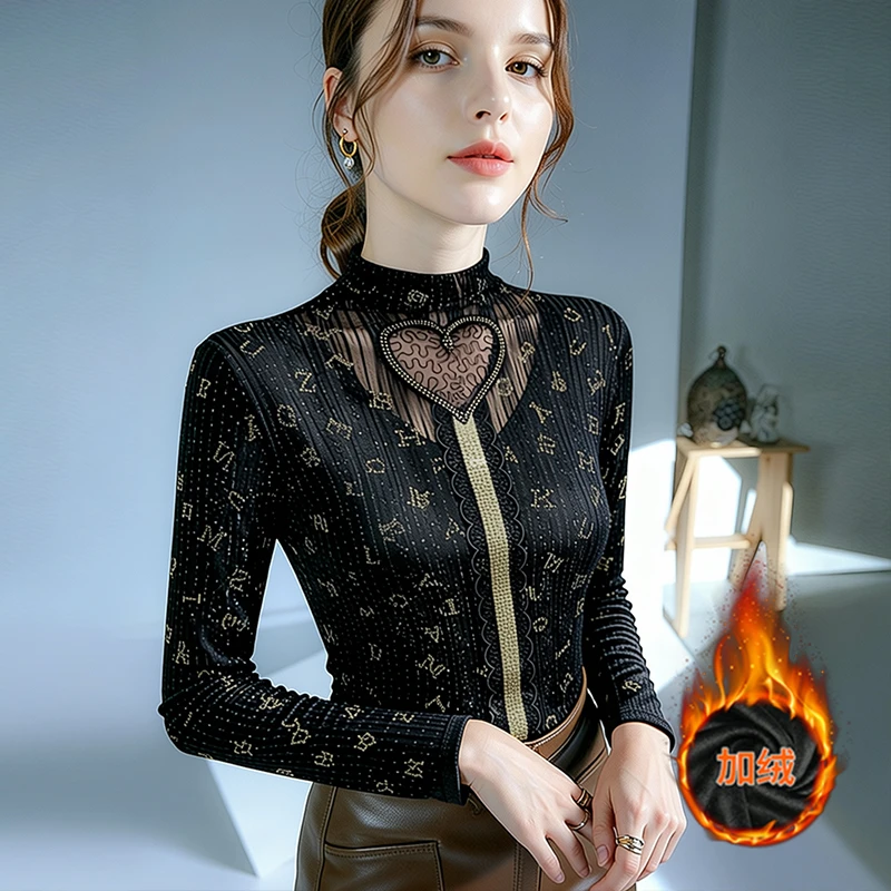 XS#秋冬加绒T恤高领网纱打底衫洋气小衫时尚修身内搭DY-DF391H