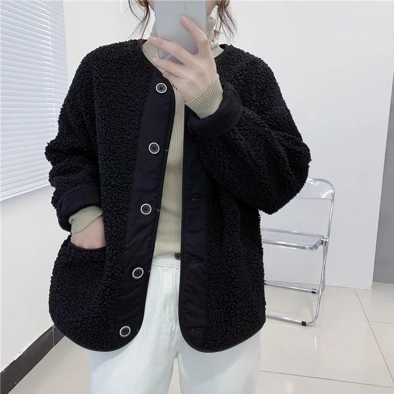 秋季仿羊羔毛绒外套女新款加厚棒球服韩版宽松小个子女款百搭休闲