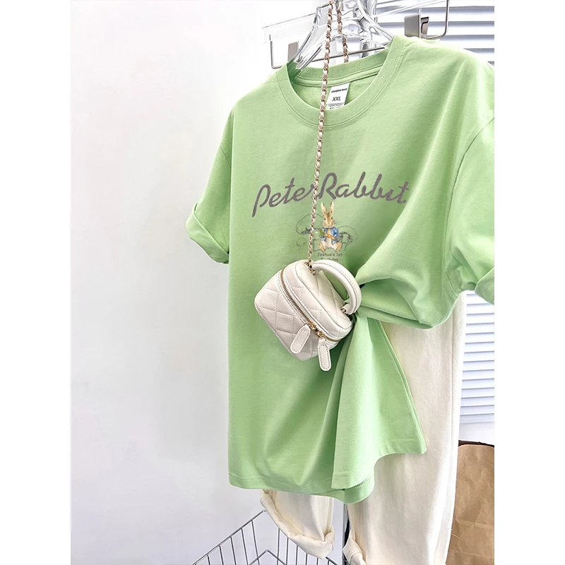 2025夏季新款爆款短袖森林系牛油果绿可爱兔子印花纯棉百搭短袖