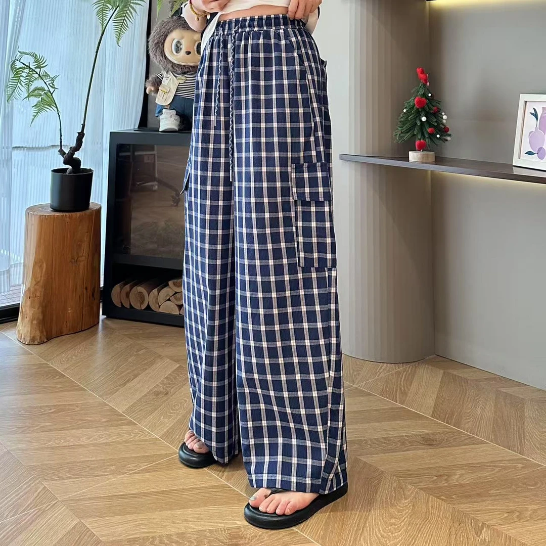 蓝色格子工装风宽松松紧腰休闲裤5-7-27