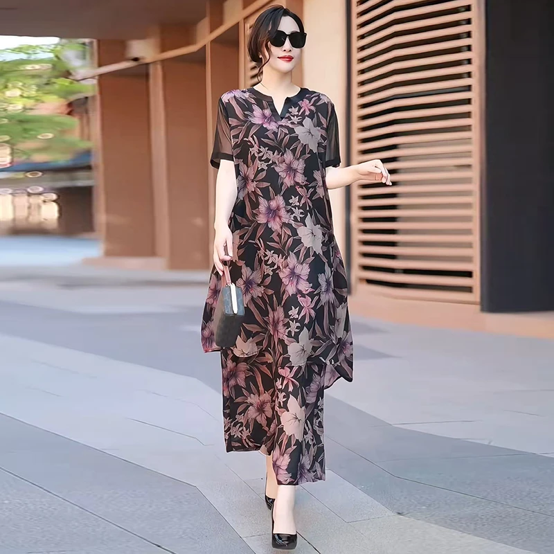 2025夏季新款复古优雅气质大码女装两件套花色时尚妈妈减龄套装女