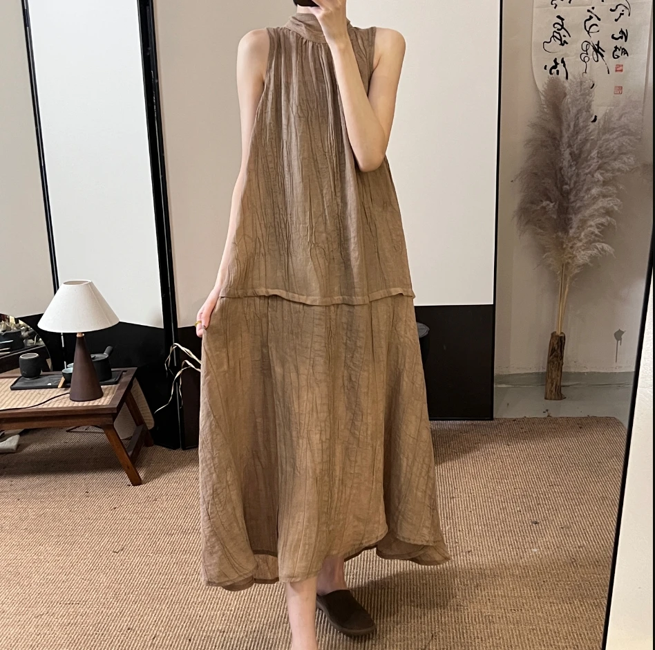 扎染挂脖立领背心后系带侧开叉带连衣裙