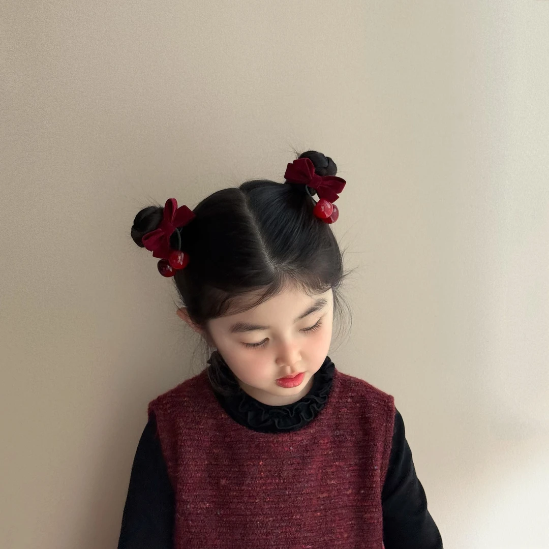 B-1499（满10米飞）FY  1对酒红樱桃蝴蝶结可爱肠圈发绳   发圈