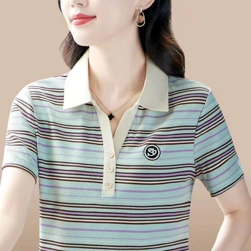 989蓝色妈妈装短袖T恤夏季新款休闲上衣中年女洋气减龄显瘦打底衫