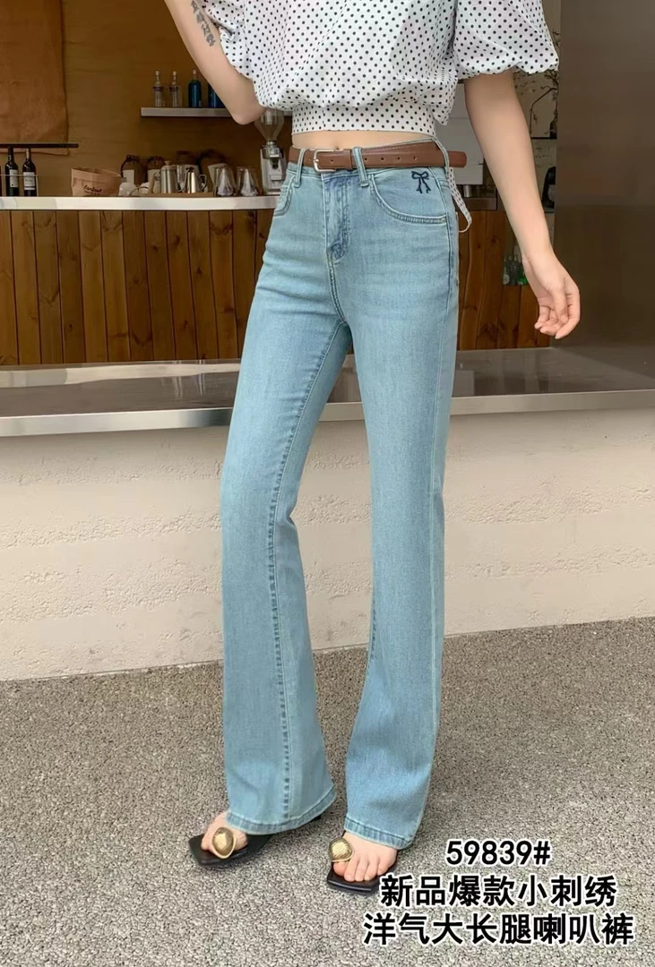 阿悄家 春款 显瘦大长腿蝴蝶结喇叭裤牛仔裤#59839