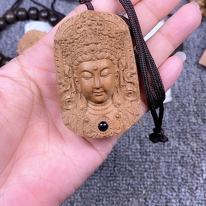 檀香木无事牌老山檀香雕刻投影度母吊坠