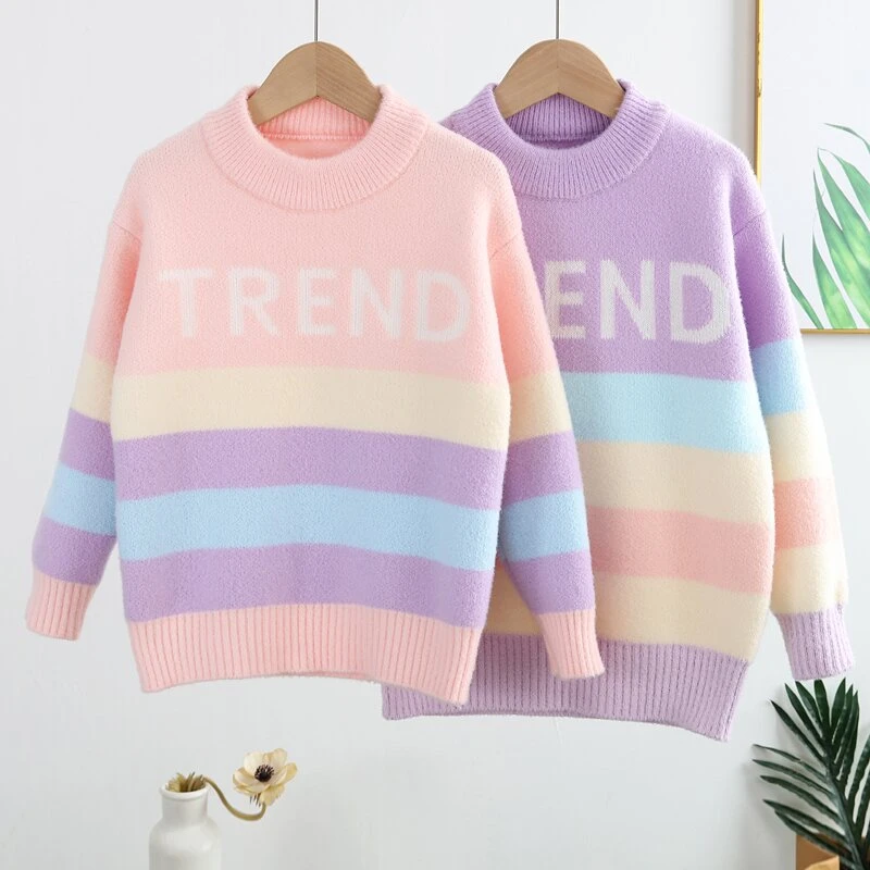 2024新款格条儿童女童洋气宝宝大童女孩条纹加厚圆领秋冬套头