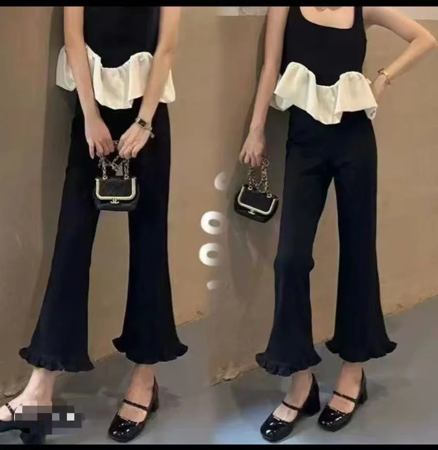 6698-早秋大码弹力木耳微喇裤