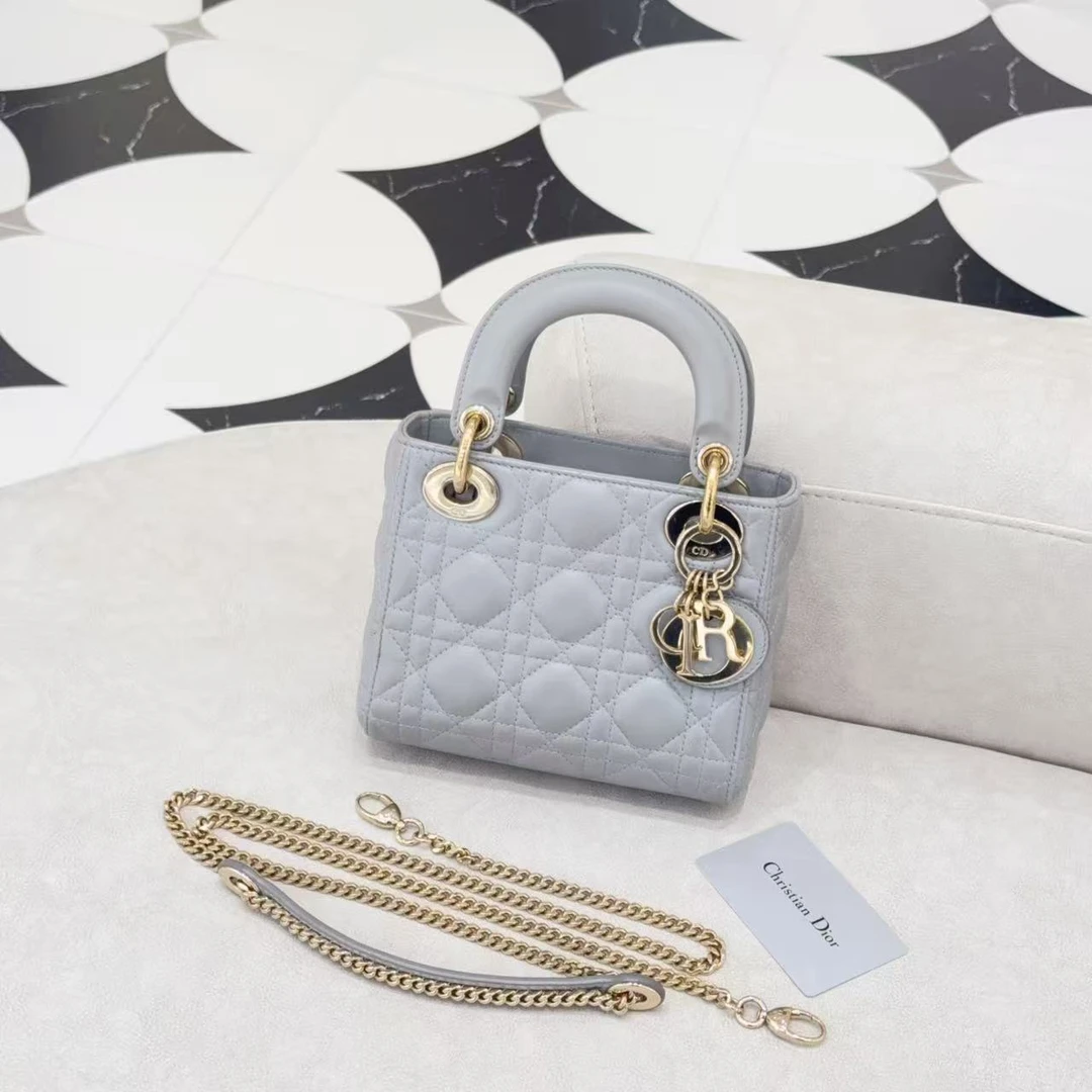 95新 DIOR/迪奥 GGS迪奥戴妃三格珠光灰金扣羊皮芯片款/30278216