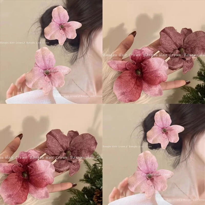 繁花朵朵！蝴蝶洋兰花朵发夹！2025新款高级氛围感粉色边夹头饰女