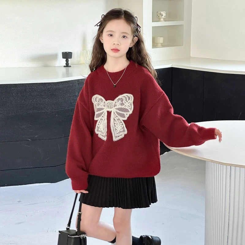女童蝴蝶结加厚新款儿童红色针织衫毛衣新年冬季打底圣诞拜年服