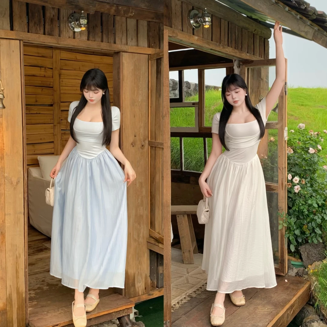 MengFairy 清清【极简线条】法式方领显瘦百搭拼接收腰连衣裙 4782