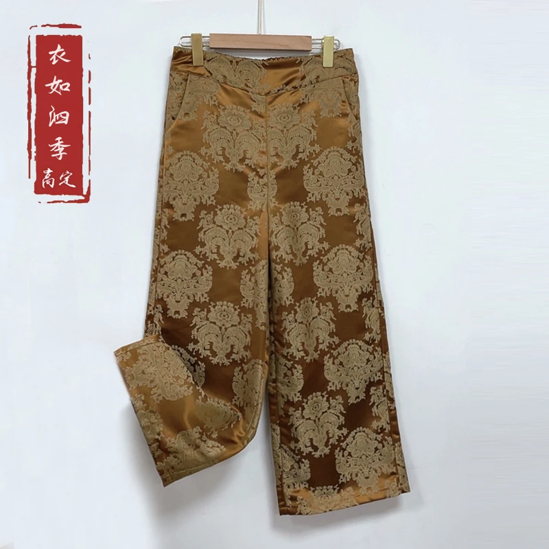 【花影】1671新款国风提花高腰显瘦时尚气质宽松浮雕花直筒休闲裤