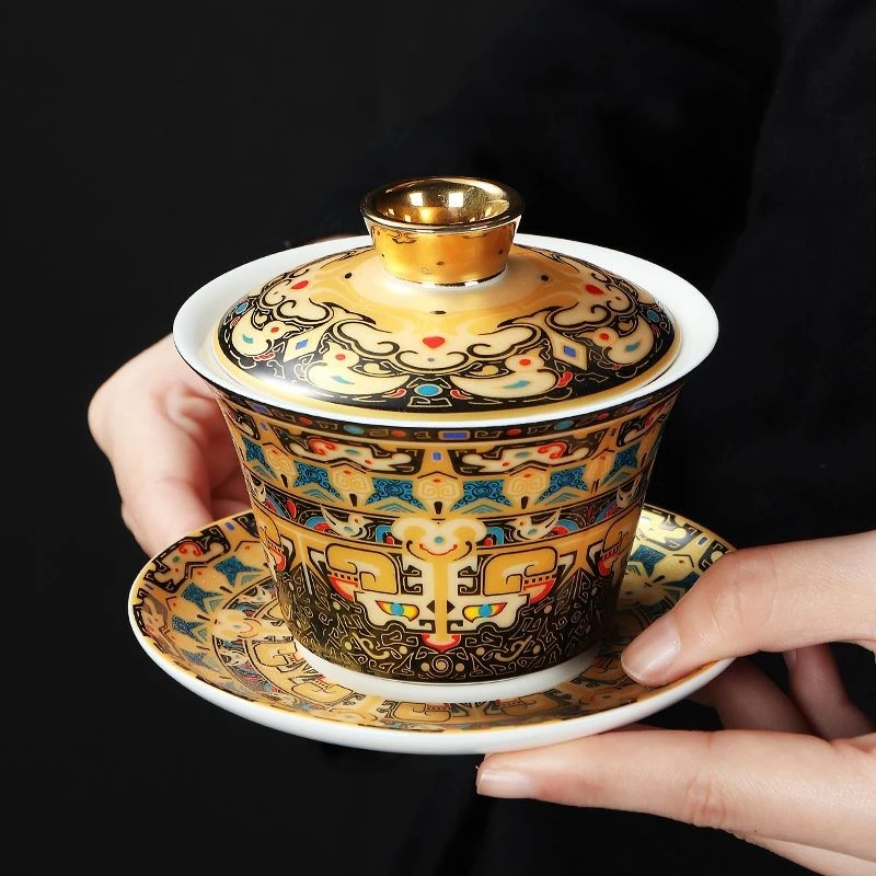 三才盖碗可旋转悬停中式功夫家用泡茶小号带盖金银錯羊脂玉瓷茶碗