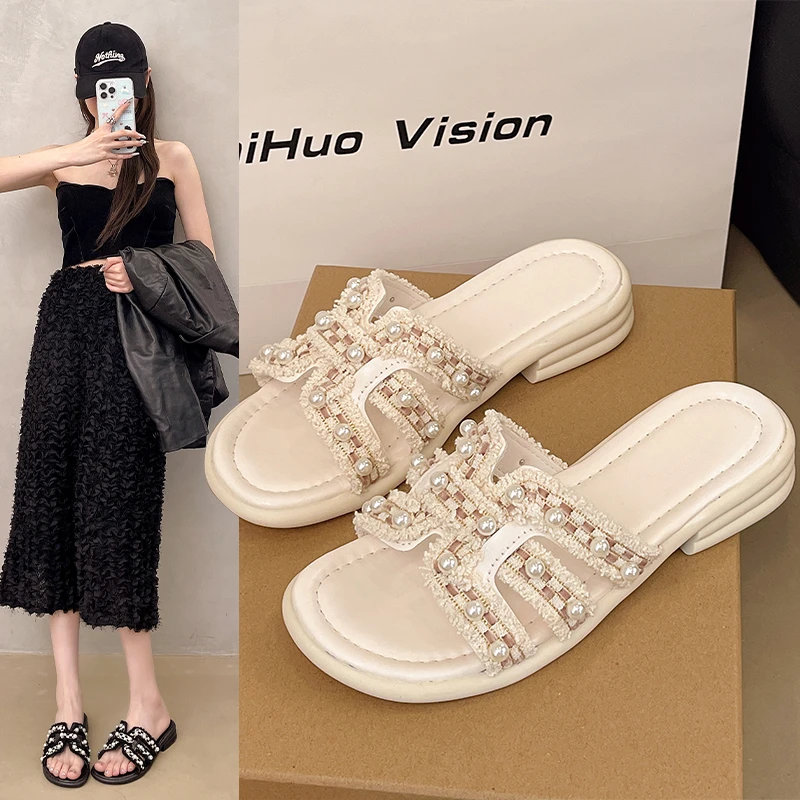 温婉精致彩钻蝴蝶低跟软底女外穿2025夏新韩百搭配裙仙女风凉拖鞋