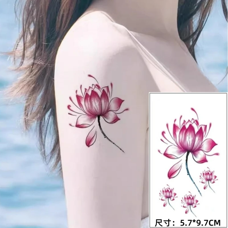 荷花莲花纹身贴女防水持久仿真彩色花朵手臂锁骨学生可洗临时贴纸