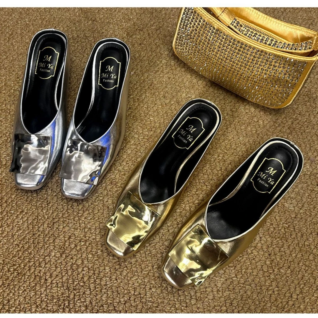 包头拖鞋女款2025新款爆款内6CM时尚法式金属方扣夏季内凉拖平底