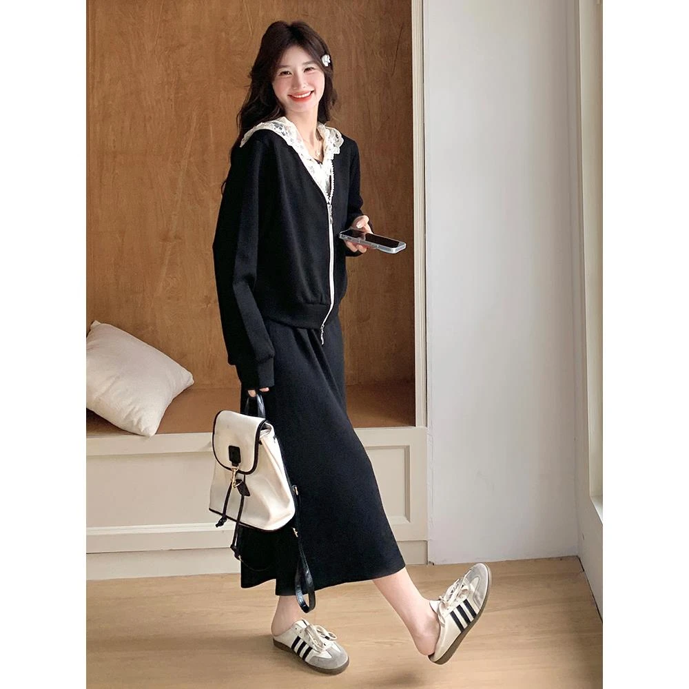 高级感时尚卫衣外套长裙套装女2025早春新款黑色显瘦背心裙两件套