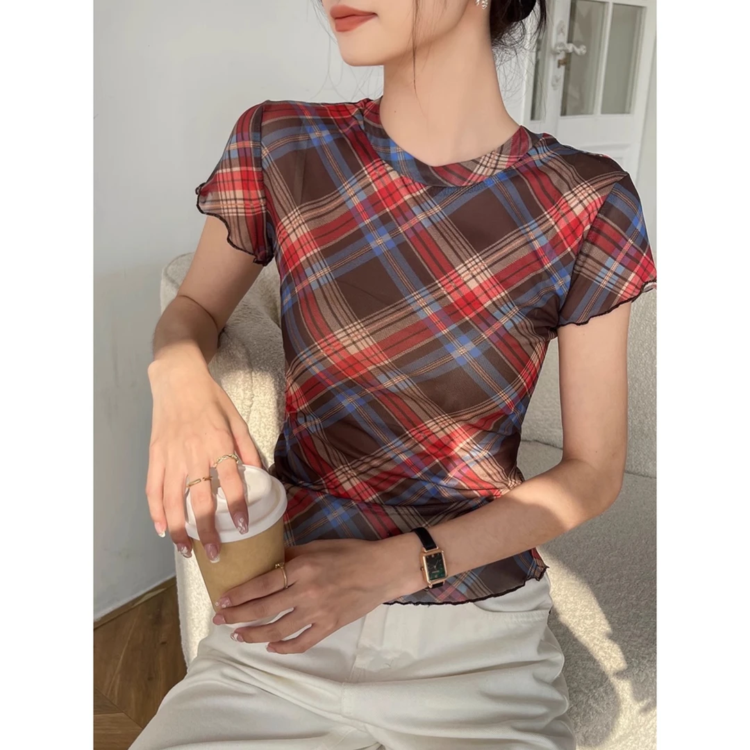 格子网纱短袖女t恤2025新款夏季美式复古修身打底内搭高级感上衣