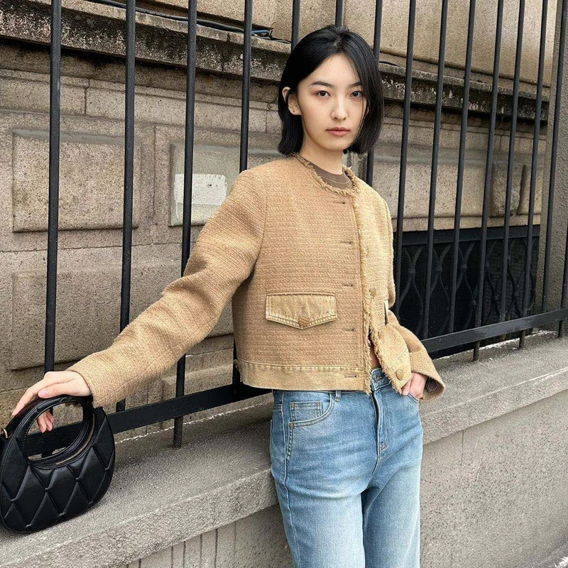 UTI新款卡其色小香短款羊毛外套女百搭牛仔拼接上衣