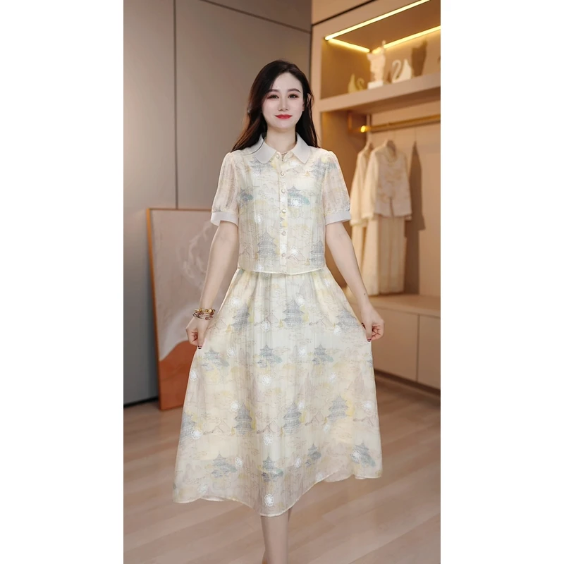 裙角秀/A202-1#气质中国风假两件连衣裙娃娃脸减龄显瘦遮肉中长裙