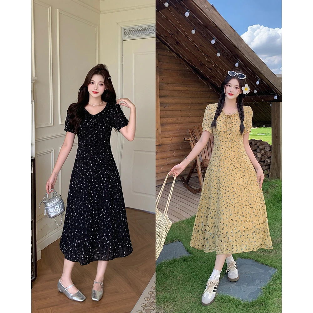 大码法式气质V领碎花连衣裙女夏季胖mm海边度假风长裙女装64269