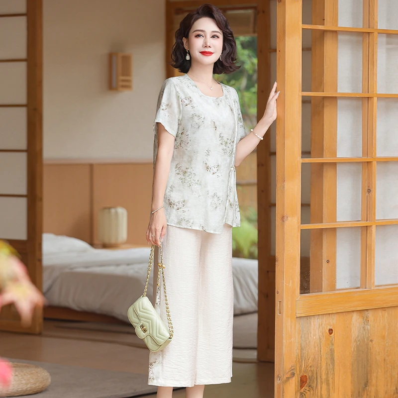 夏季2025妈妈新款中式夏装短袖上衣套装时尚国风中老年洋气两件套