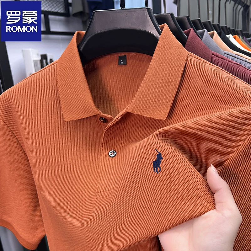 罗蒙100%纯棉短袖t恤男士夏季翻领中年休闲宽松刺绣保罗Polo衫潮