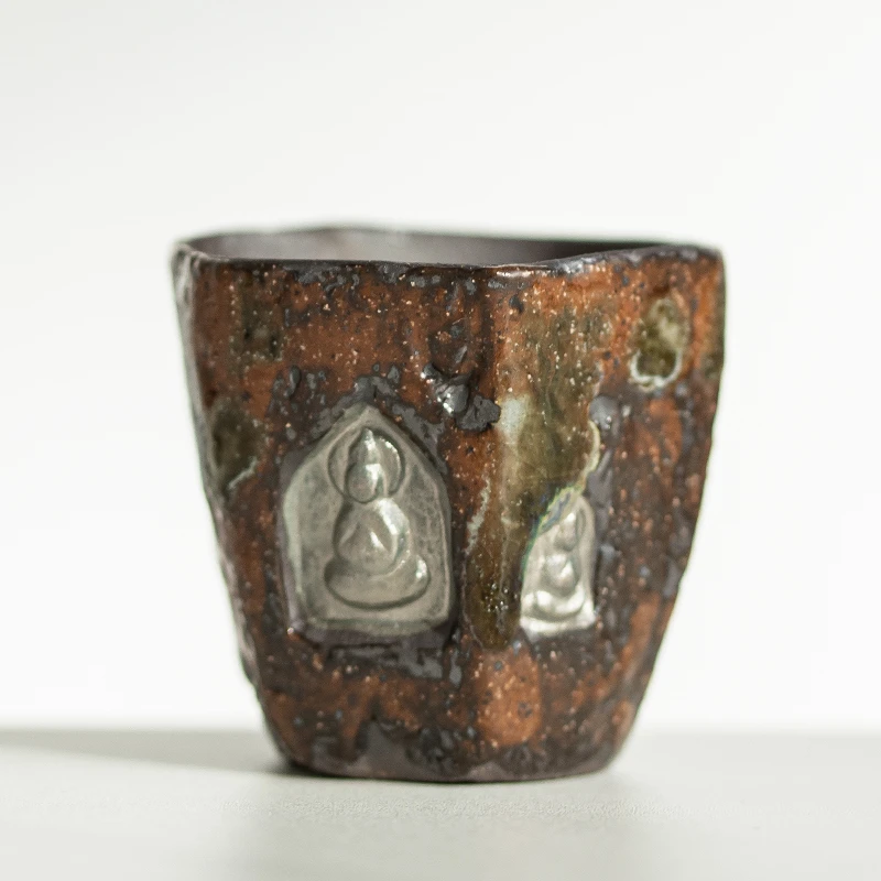 颜掌柜原矿釉复古风敦煌小客杯鎏银办公室家用轻奢手工便携品茗杯