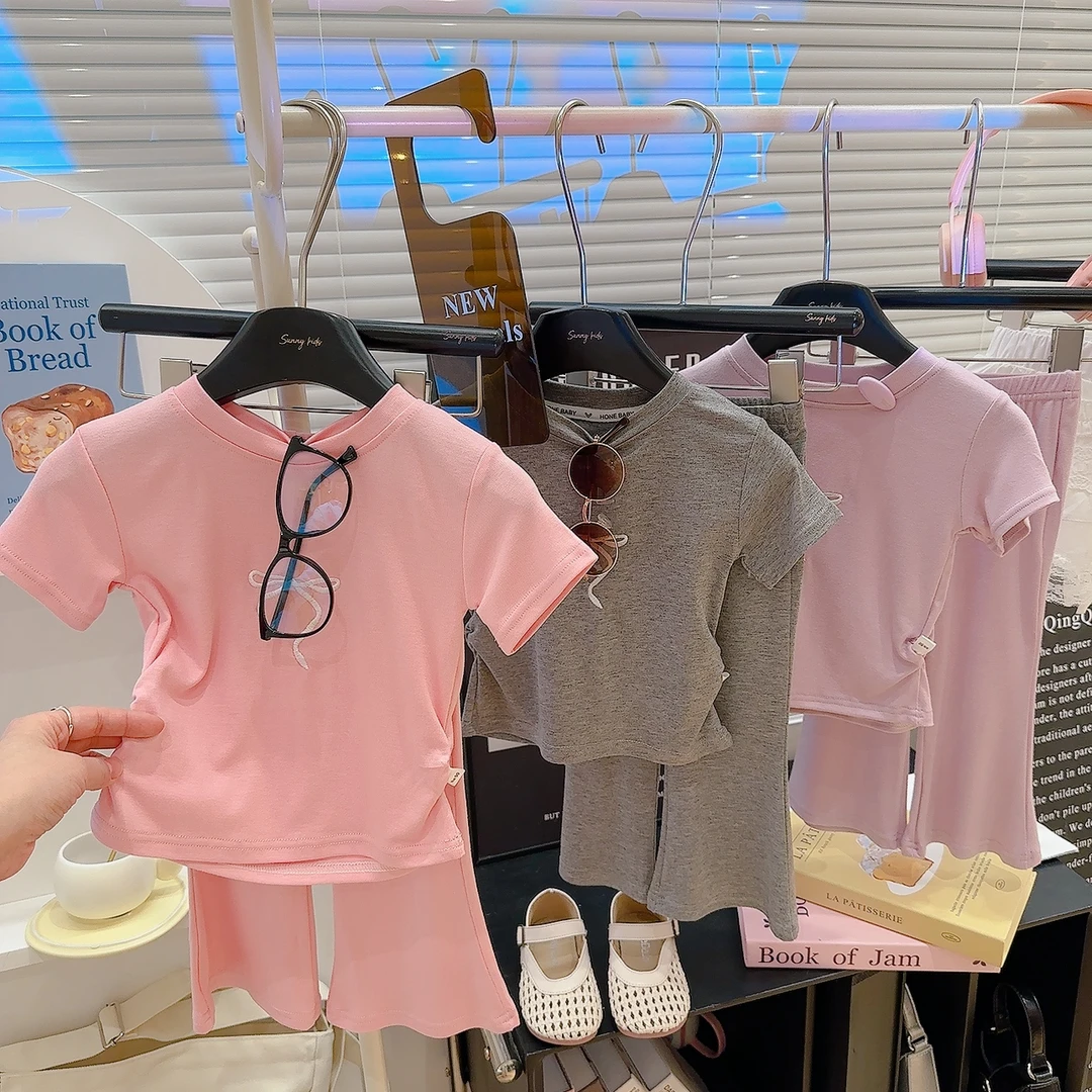 女童洋气刺绣蝴蝶结套装可当家居服收腰短袖薄款喇叭裤儿童衣服