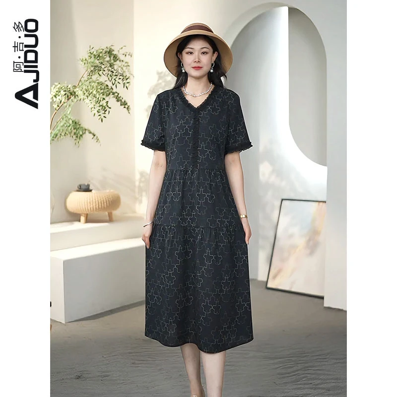 短袖气质黑色显瘦V领木耳边蛋糕裙夏季轻薄典雅时尚收腰拼接裙子