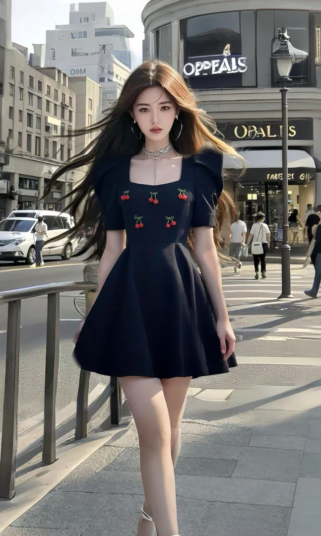 夏季新款2025黑色方领收腰包臀轻奢优雅高级氛围感连衣裙品质女装