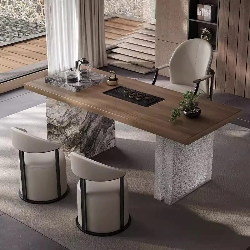 现代简约新中式岩板茶桌一体茶台时尚高级感别墅泡茶茶桌椅子组合