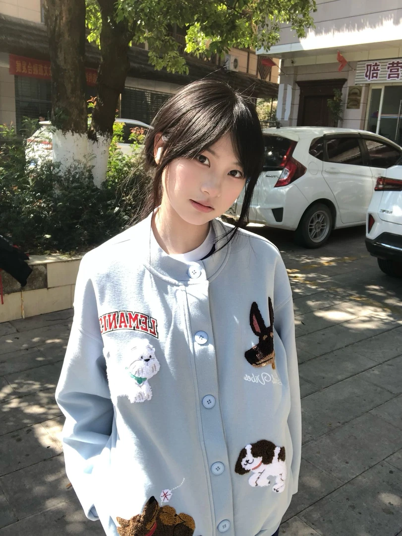 日系甜妹可爱小狗毛巾绣开衫卫衣女秋季新款圆领宽松慵懒外套潮牌