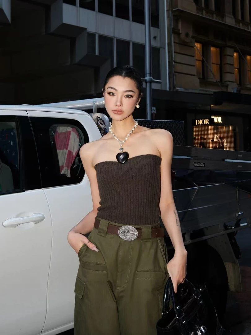 【随心搭】高级感纯欲针织抹胸背心女2025新款高腰工装阔腿裤两件套