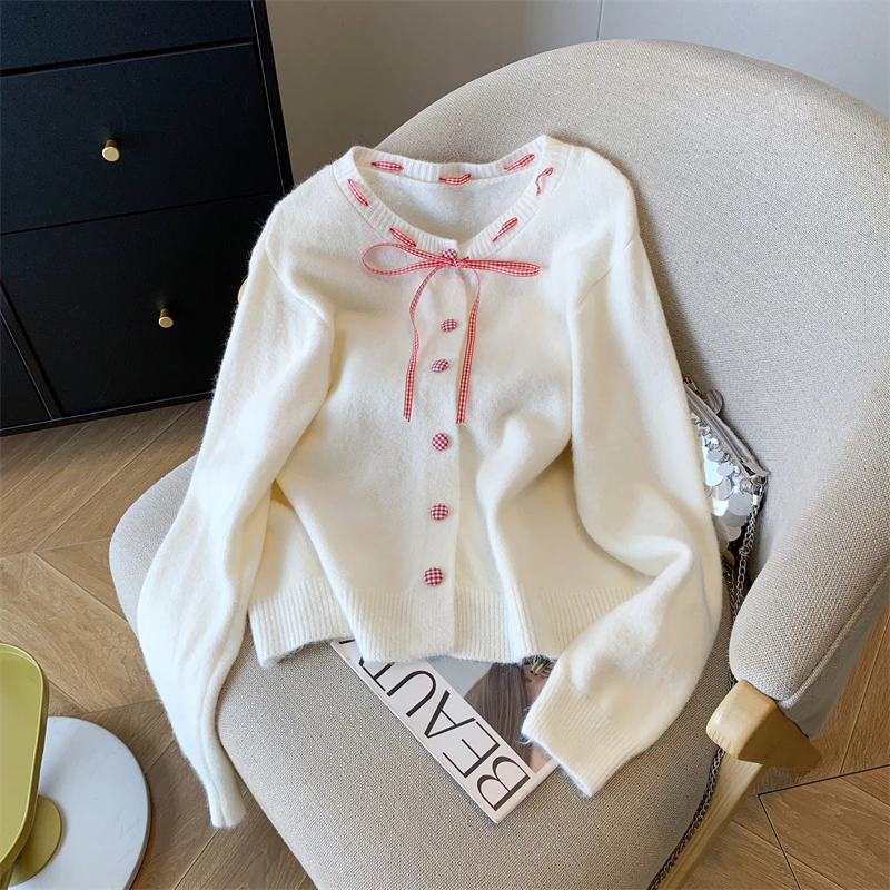 甜美小香风毛衣开衫女蝴蝶结系带圆领针织衫2025秋冬新款减龄上衣