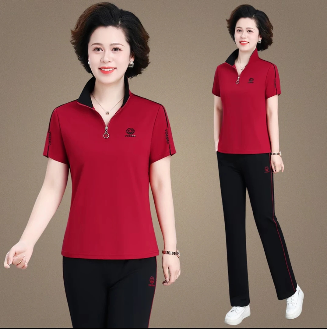 中老年夏季运动套装宽松休闲显瘦短袖长裤运动服两件套妈妈装5133