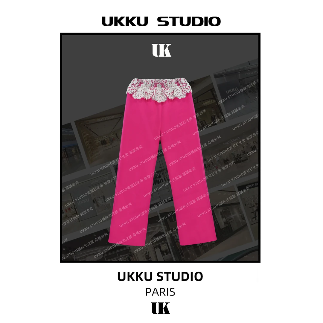 清白白【UKKUSTUDIO】百搭重工高奢宽蕾丝抽绳长裤613535