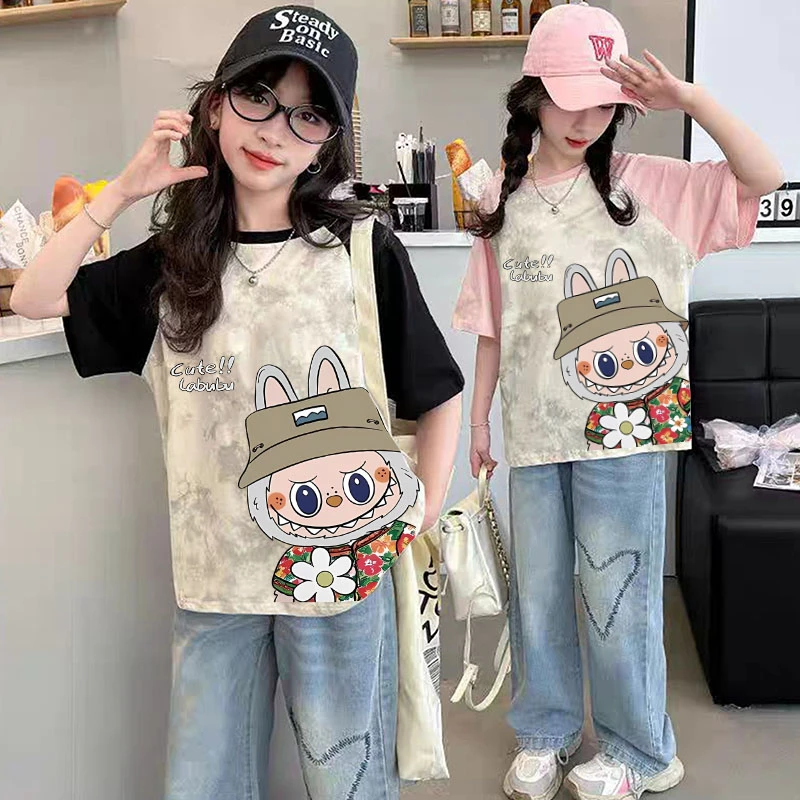 拉布布女童纯棉扎染插肩袖短袖T恤中大童时髦甜美可爱儿童纯棉t恤