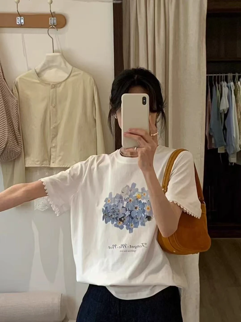 【丽鑫】蕾丝边短袖小花朵印花T恤