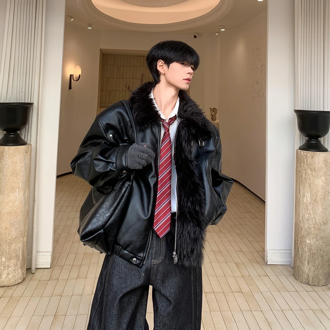 白口阳【江原道寒夜】机车毛领皮衣棉外套男保暖加厚防风冬季31054
