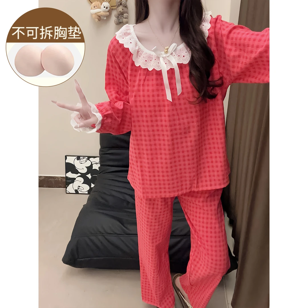带胸垫睡衣女甜美风火龙果色少女套装春秋季2025新款云朵棉家居服
