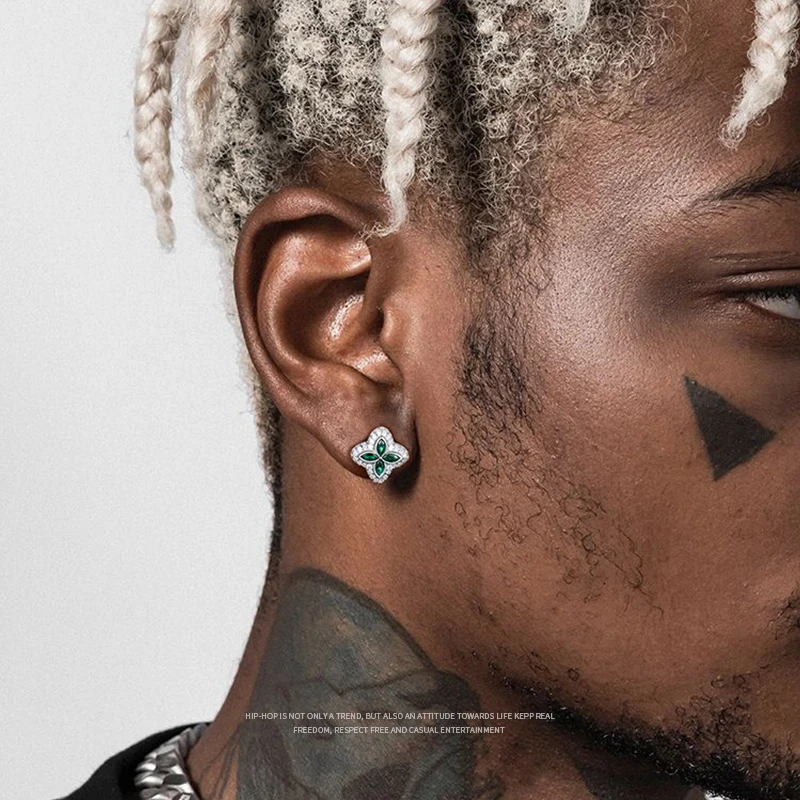 合金锆石耳饰 耳钉男满钻四叶草耳环菱形轻奢情侣潮流绿色小众